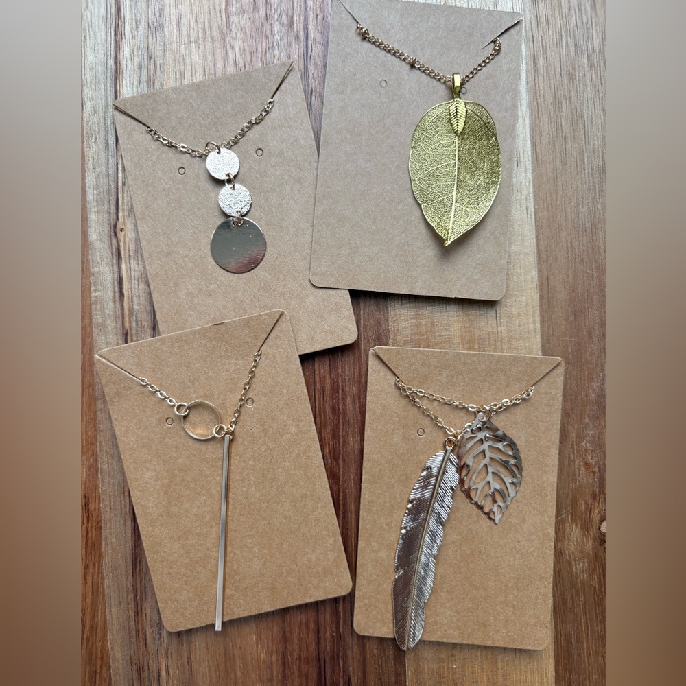 Gold Tone Necklace Bundle Minimalist Leaf Bar Pendant Disc Jewelry Set